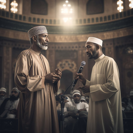Generative AI : Two religious muslim man praying together inside the mosqueの素材