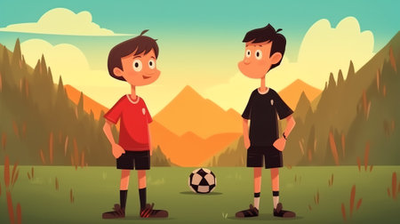 Generative AI : Two boys sports friends sitting on a wooden bench and watching a soccer match School kids in football uniforms Happy children playing sports outdoor Friendship betwの素材