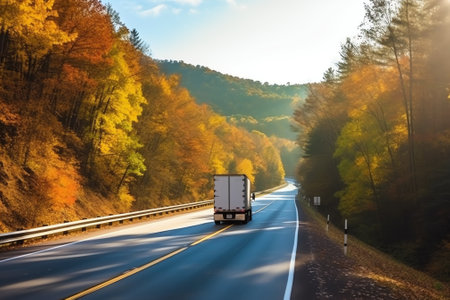 Generative AI : View from above of I40 freeway in North Carolina heading to Asheville through Appalachian mountains in golden fall season with fast driving trucks and cars Interstaの素材