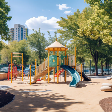 Generative AI : View of kids playground in green backyard garden with birch trees and flower bedの素材