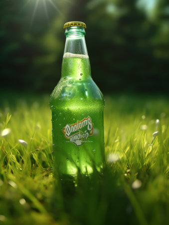 Generative AI : Water sport drink against blurred soccer background on green artificial grassの素材