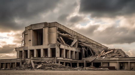 Generative AI : View on a collapsed concrete industrial building with dark dramatic sky above Damaged houseの素材