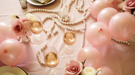 Generative AI : Vintage champagne glass pastel pink pearl necklace creative elegant retro style party conceptの素材