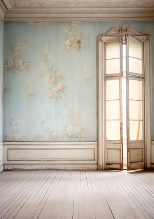 Generative AI : Vintage room empty retro apartment with old fashioned wallpaper and weathered wooden parquet floor tonedの素材