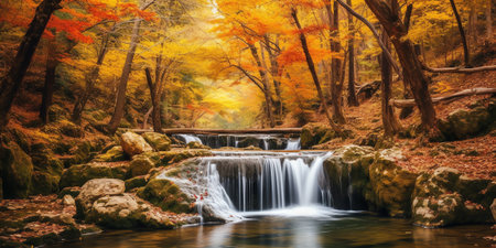 Generative AI : Waterfall view in autumn The autumn colors surrounding the waterfall offer a visual feast colorful leaves of autumn Suuctu waterfalls Bursa Turkeyの素材