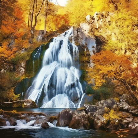 Generative AI : Waterfall view in autumn The autumn colors surrounding the waterfall offer a visual feast colorful leaves of autumn Suuctu waterfalls Bursa Turkeyの素材