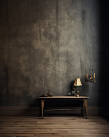 Generative AI : Vintage room empty retro apartment with old fashioned wallpaper and weathered wooden parquet floor tonedの素材