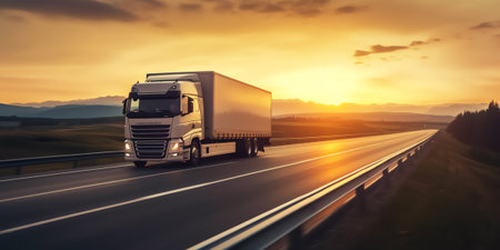 Generative AI : White trucks driving on the asphalt highway in the landscape at sunsetの素材