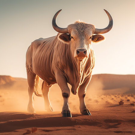 Generative AI : Wild brown cow with long horns standing on a wet sandy bank and looking away against a cloudy sky in senegalの素材