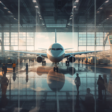 Generative AI : Wideangle view of a modern aircraft gaining the altitude outside the glass window facade of a contemporary waiting hall with multiple rows of seats and reflectionsの素材