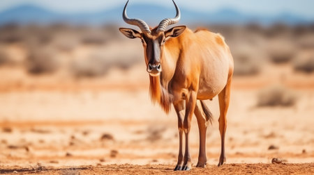 Generative AI : Wild brown cow with long horns standing on a wet sandy bank and looking away against a cloudy sky in senegalの素材