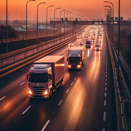 Generative AI : White trucks driving on the asphalt highway in the landscape at sunsetの素材