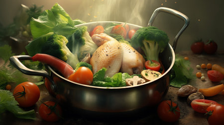 Generative AI : Whole raw chicken in a pot with chopped vegetables is poured with cold water for cooking a healthy soup against cold and flu selected focus narrow depth of fieldの素材
