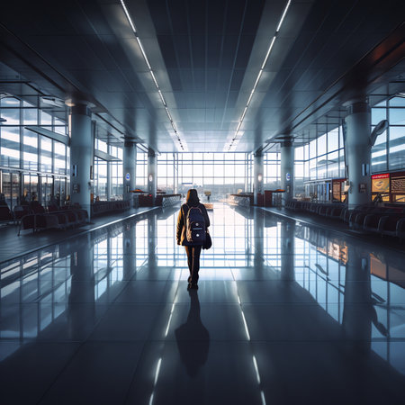 Generative AI : Wideangle view of a modern aircraft gaining the altitude outside the glass window facade of a contemporary waiting hall with multiple rows of seats and reflectionsの素材