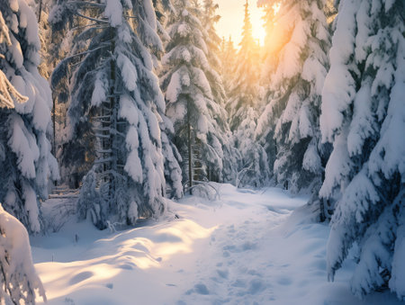 Generative AI : Winter weather with snowdrifts and fog in the mountain spruce forest Trees curved under the weight of snow High quality photoの素材