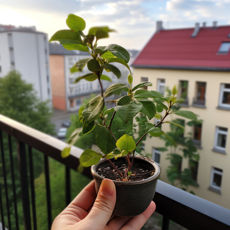 Generative AI : Woman hand with Basil in a pot Manjerico plants on the street The symbol of the Portuguese holiday Summer festival in June Santos Populares Portugalの素材