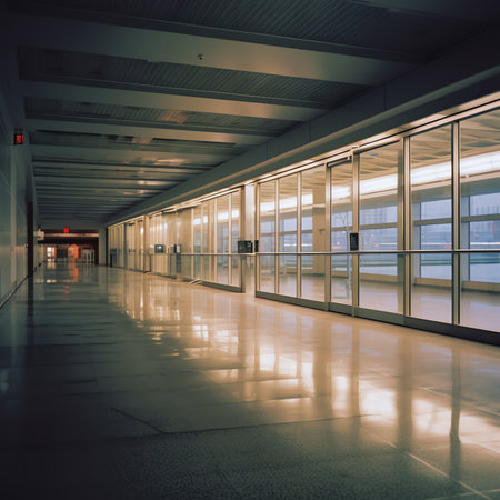 Generative AI : Wideangle view of a modern aircraft gaining the altitude outside the glass window facade of a contemporary waiting hall with multiple rows of seats and reflectionsの素材