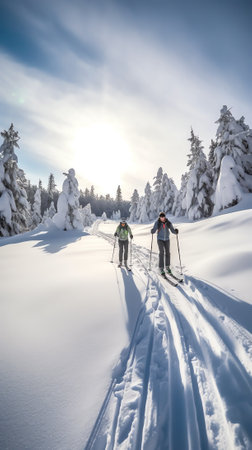 Generative AI : Woman cross country skiing through the forest in northern Michiganの素材