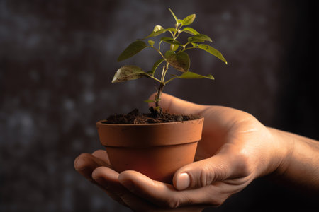 Generative AI : Woman hand with Basil in a pot Manjerico plants on the street The symbol of the Portuguese holiday Summer festival in June Santos Populares Portugalの素材