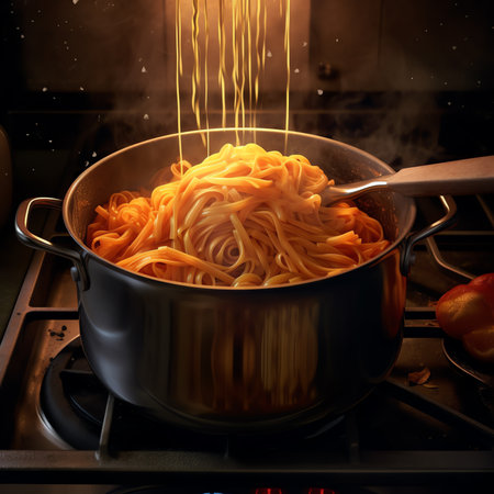 Generative AI : Woman cooking tasty pasta bolognese in kitchen closeupの素材