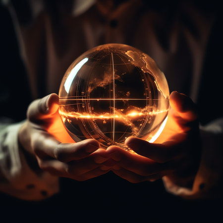 Generative AI : Woman hand touching plasma ball with many energy rays inside in dark room close up view Electricity education science scifi futuristic and physics conceptの素材