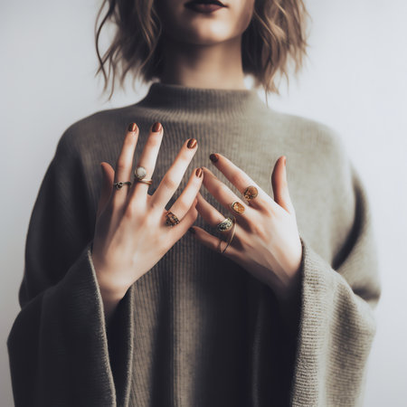 Generative AI : Womans hands close up wearing rings and necklace modern accessories elegant lifestyle 2020の素材