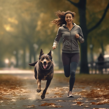 Generative AI : Woman running with dog to workout during morning walkの素材