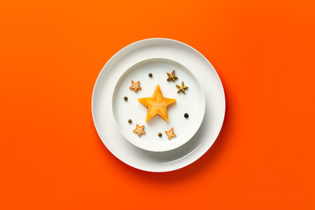 Generative AI : Womens day March 8 number symbol by empty plate Holiday restaurant womens day concept with empty plate plate on 8 shape isolated on color backgroundの素材