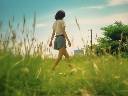 Generative AI : Woman walking barefoot on green grass outdoors closeupの素材
