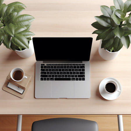 Generative AI : Workspace desk and laptop copy space and blank screen Business image Blank screen laptop and suppliesの素材