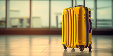 Generative AI : Yellow suitcase in airport departure lounge on airplane background Travel and summer vacation concept Bright suitcase in airport terminal waiting areaの素材