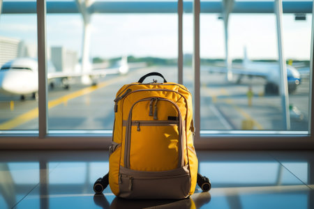 Generative AI : Yellow suitcase in airport departure lounge on airplane background Travel and summer vacation concept Bright suitcase in airport terminal waiting areaの素材