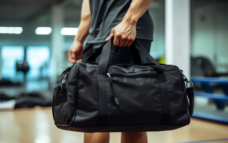 Generative AI : Young businessman packing sports stuff for training into bag in officeの素材