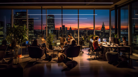 Generative AI : Working evening in glass business centre office building with numerous offices with glass walls and illuminated windows timelapse People sitting at desksの素材