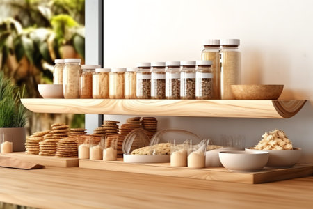 Generative AI : Zero waste shop interior details Wooden shelves with different food goods and personal hygiene or cosmetics products in plastic free grocery store Ecofriendly shoppの素材