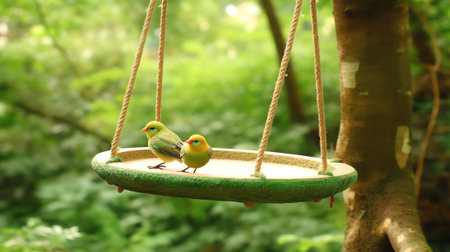 Generative AI : a wooden bird feeder suspended from a maple branch on an autumn day selective focus on the part of the feederの素材