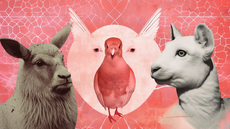 Generative AI : Zodiac signs and red hearts on color background Love horoscope conceptの素材