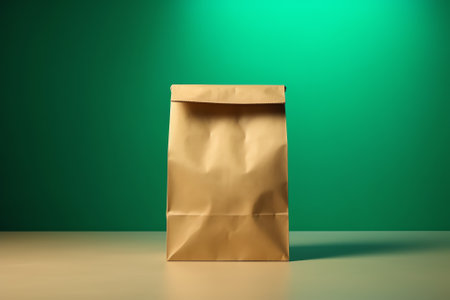 Generative AI : blank mockup paper bag packaging and green fresh leaves on brown background Eco friendly packaging paper recycling zero waste natural products concept Copy spaceの素材