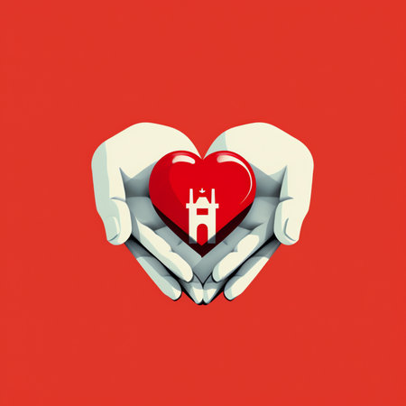 Generative AI : adult and child hands holding red heart on aqua background heart health donation CSR hopewellbeing world heart day world health day family day fair trade foster homの素材