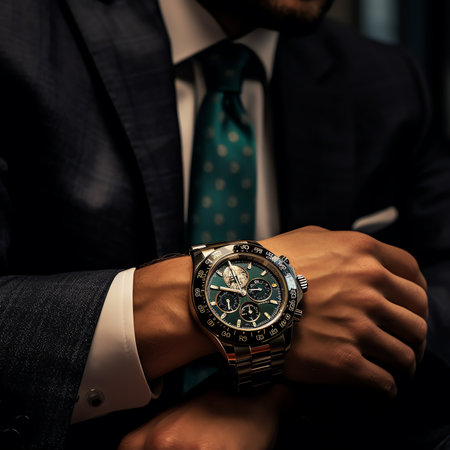 Generative AI : businessman looking at his watch on his hand watching the timeの素材