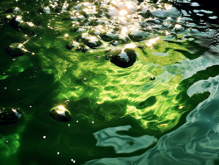 Generative AI : bubbles in a green water close upの素材