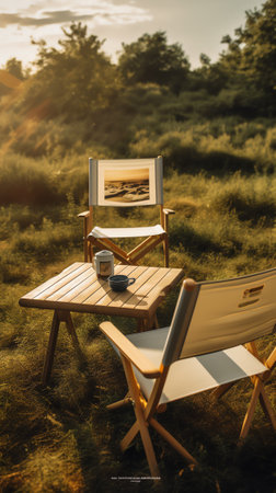 Generative AI : camping chair and wooden table with glasses of beer on a green grassの素材