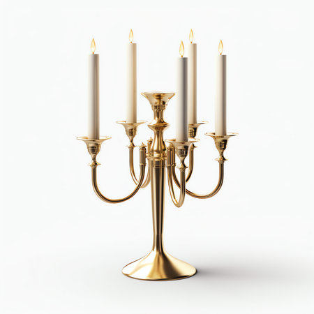 Generative AI : classic bronze chandelier on a white background ancient candlestick studio photo antique candlestick isolated brass chandelier one vintage candlestick bronze candleの素材