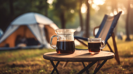 Generative AI : coffee drip while camping near the river in nature parkの素材