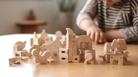 Generative AI : childrens hands create pictures from colored wooden geometric shapes little child girl 3 years old playing with educational toy concept childrens imagination uniqueの素材