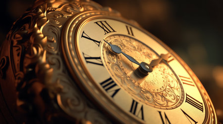 Generative AI : dial of vintage bronze clock antique clock photo close up old bronze clock in gilding front of bronze fireplace clockの素材