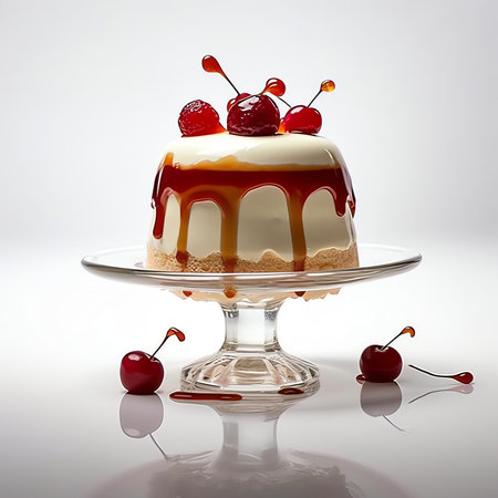 Generative AI : delicious cherry cream trifle dessert in glass white backgroundの素材