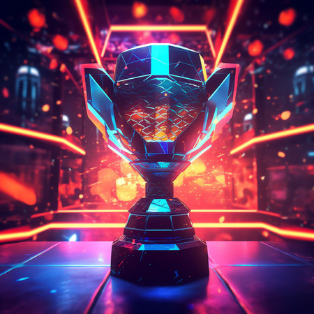 Generative AI : eSports Winner Trophy Standing on a Stage in the Middle of the Computer Video Games Championship Arena Two Rows of PC for Competing Teams Stylish Neon Lights with Cの素材