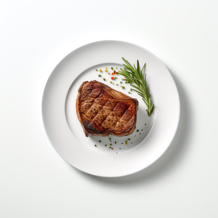 Generative AI : grilled beef steak and potatoes on plate isolated on white background top viewの素材