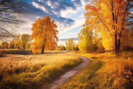 Generative AI : forest path in autumn Colorful forest landscape in autumn season A natural landscape that becomes beautiful with the vivid colors of autumn Colorful leaves in autumの素材